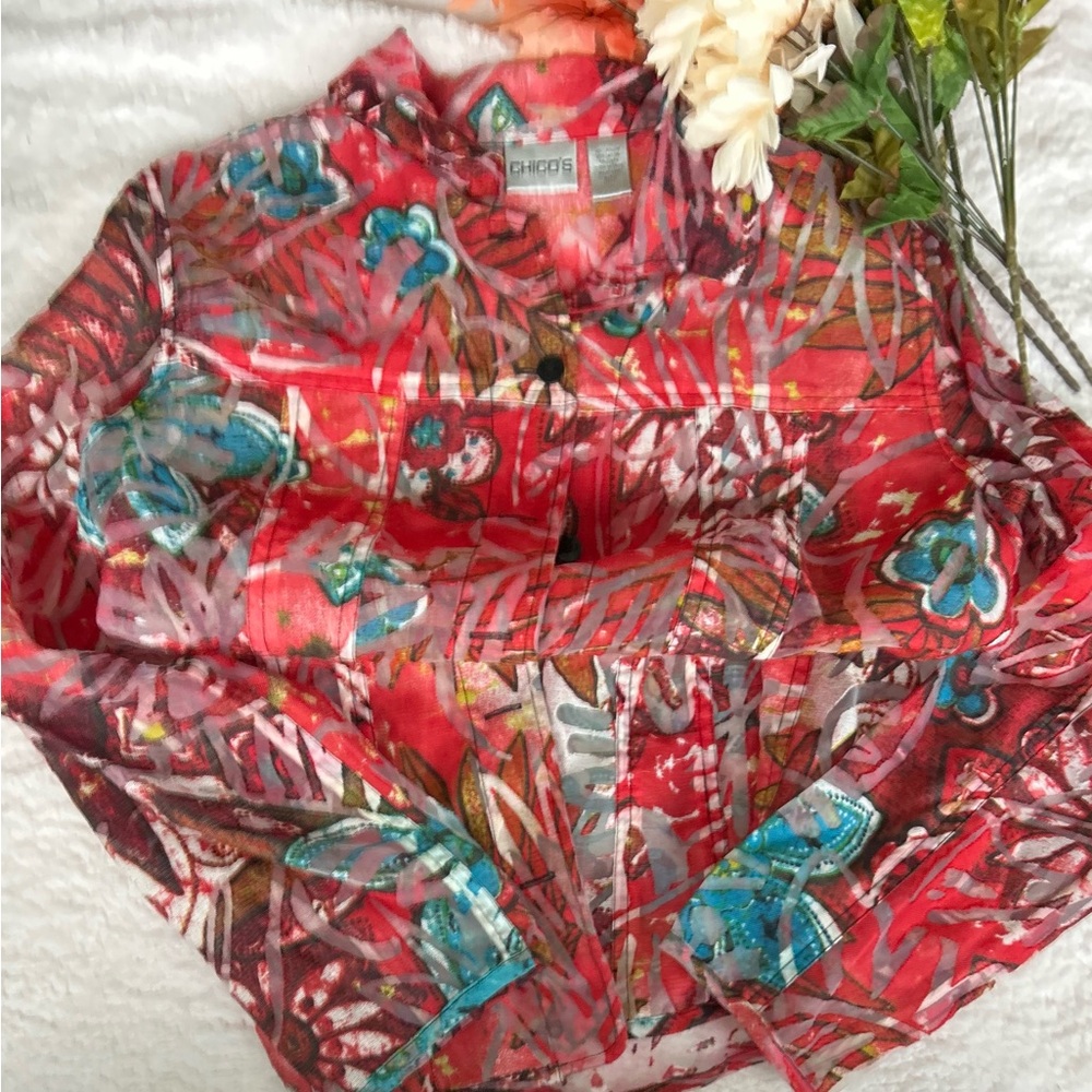 CHICO Linen Rayon transparent blouse  Size1 NWOT